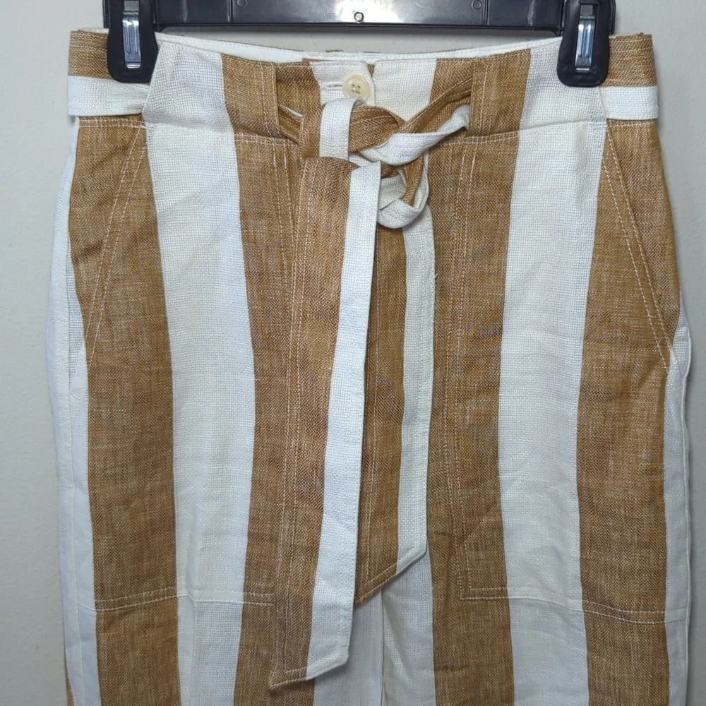 J Crew Striped Linen Pants Tan + Ivory Belted Straight Leg NEW Women's Size 00